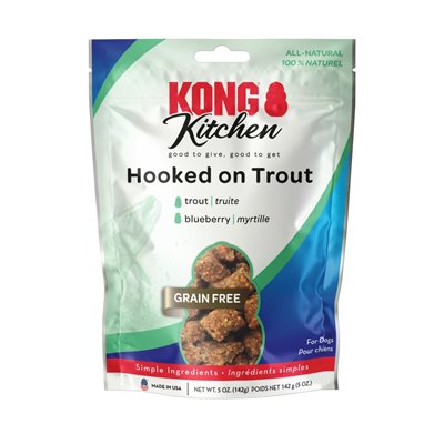 Gâterie Kong sans grain ( hooked on trout) truite et myrtille